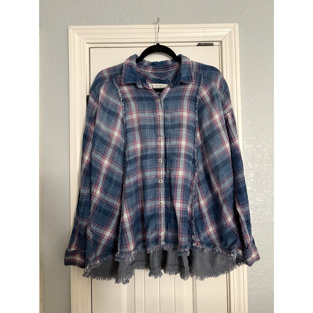Free People Seeking Starlight Boho Swing Shirt Medium Raw Hem Peplum Button Down - Picture 2 of 9